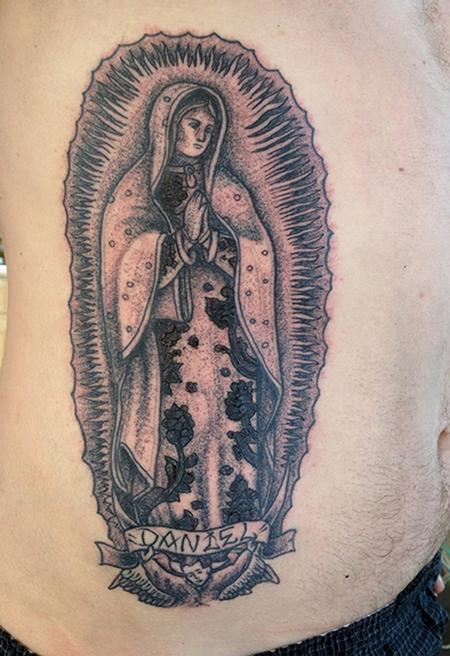 Jeff Johnson - Black dot work Lady of Guadalupe Tattoo